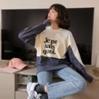 Long-sleeve Color Panel Lettering Sweatshirt As Shown In Figure - One Size
