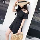 Pinstriped Cold-shoulder Ruffle Playsuit