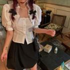 Short-sleeve Ruffle Trim Blouse / High-waist A-line Skirt