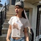 Short-sleeve Cat Print Crop T-shirt