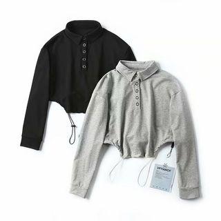 Drawstring Long-sleeve Cropped Polo Shirt