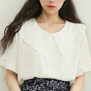 Puritan-collar Frilled Linen Blend Blouse