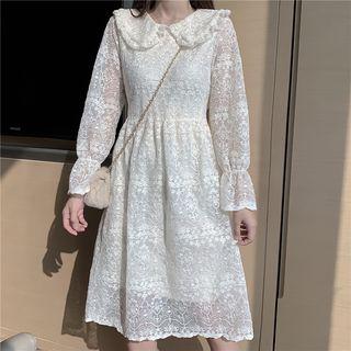 Flared-cuff Midi A-line Lace Dress