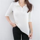 Elbow-sleeve Polo Rib-knit Top
