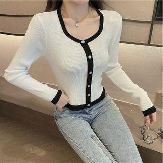 Long-sleeve Contrast Trim Button Knit Top