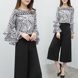 Set: Patterned Long Sleeve Blouse + Plain Wide Leg Pants