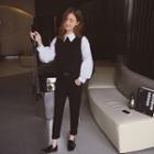 Set: Balloon Sleeve Panel Blouse + Slim Fit Pants