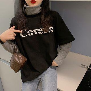 Long-sleeve Mock Two Piece Turtle-neck T-shirt