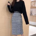 Houndstooth Midi Pencil Skirt / Cable Knit Sweater / Set