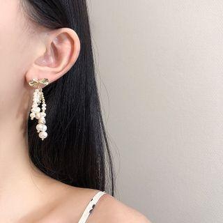 Bow Freshwater Pearl Fringed Earring Stud Earring - 1 Pair - Silver Stud - Gold & White - One Size