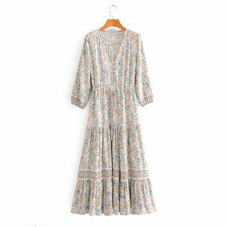 Elbow-sleeve Tiered Floral Print A-line Dress