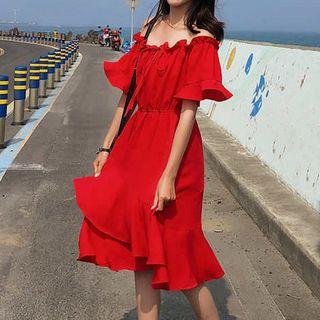 Elbow-sleeve Off Shoulder A-line Chiffon Dress