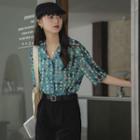 Elbow-sleeve Open Collar Print Shirt