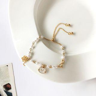 Cat Faux Pearl Alloy Bracelet Gold - One Size