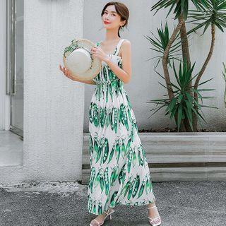 Spaghetti Strap Pea Print Maxi A-line Dress