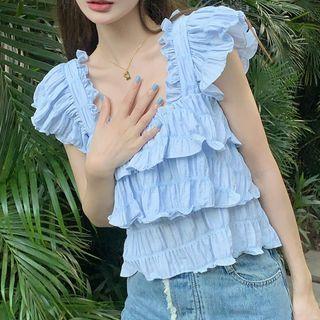 Sleeveless Ruffle Trim Crop Top Blue - One Size