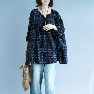3/4-sleeve Print Top Blue - One Size