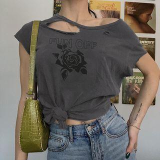 Short-sleeve Crew Neck Rose Print Cutout T-shirt