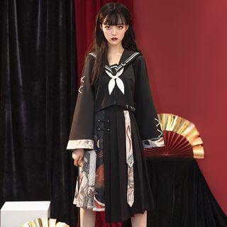 Set: Long-sleeve Blouse + A-line Skirt + Bow Tie