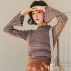 Bell-sleeve Striped Mock-neck Top