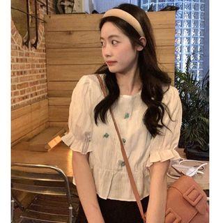 Puff-sleeve Flower Detail Blouse White - One Size
