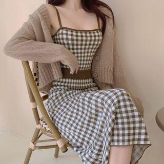 Cropped Cardigan / Spaghetti Strap Checked Top / Midi A-line Skirt