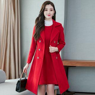 Plain Sleeveless A-line Dress / Double-breasted Long Coat / Set