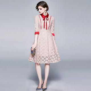 Collared 3/4-sleeve A-line Midi Lace Dress