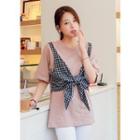 Short-sleeve Plaid-panel Tie-front T-shirt