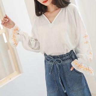 V-neck Embroidered Long-sleeve Blouse