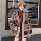 Mock Neck Plain Top / Plaid Cardigan / High-waist Skirt