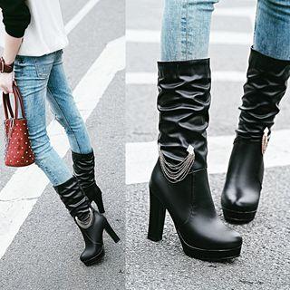 Faux-leather Chain-accent Mid Calf Boots