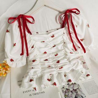 Off-shoulder Ruffle-hem Printed Crop Top White - One Size