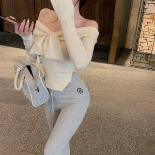 Long-sleeve Off-shoulder Slim-fit Sweater / Boot-cut Sweatpants