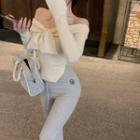 Long-sleeve Off-shoulder Slim-fit Sweater / Boot-cut Sweatpants