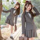 Plain Single-breasted Blazer / Shirt / Mini Pleated Skirt / Bow Tie / Set