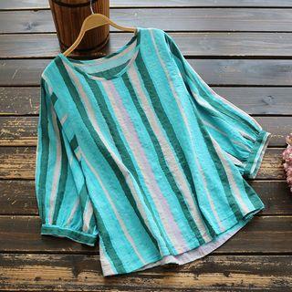 Striped 3/4-sleeve T-shirt Light Blue - One Size