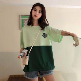 Elbow-sleeve Color Block Sloth Embroidery T-shirt
