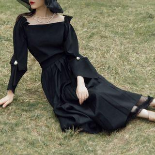 Set: Puff-sleeve Ruffled Blouse + Midi A-line Skirt