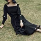 Set: Puff-sleeve Ruffled Blouse + Midi A-line Skirt