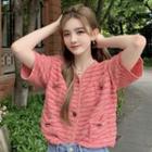 Short-sleeve Striped Cardigan Pink - One Size