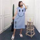 Short-sleeve Smile Print Slit-hem Midi T-shirt Dress
