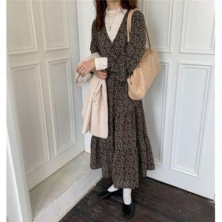 Plain Vest / Long-sleeve Floral Midi Dress