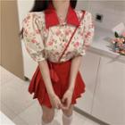 Short-sleeve Floral Print Blouse / Mini A-line Pleated Skirt