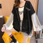 Hooded Long-sleeve Embroidered Lettering Color Block Zip Jacket