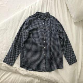 Long-sleeve Check Shirt Grayish Blue - One Size