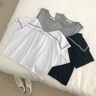Mock Two-piece Cold Shoulder Short-sleeve T-shirt
