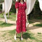 Puff-sleeve Floral Midi Dress Red - One Size