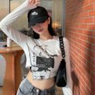 Long-sleeve Print Irregular Cropped T-shirt