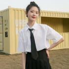 Set: Short-sleeve Shirt + Neck Tie With Tie - White - One Size